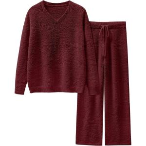 ANRABESS Lounge Sets for Women Fuzzy Fleece Pajama Sets 2 Piece Outfits Cozy Sweater Matching Set 2025 Fall Winter Loungewear(Wine Red)