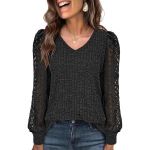 ANRABESS Shirts for Women Lace Long Sleeve V Neck Tunic Tops Casual Loose Fit Blouses Lightweight Sweaters 2025 Fall Clothes(Black)