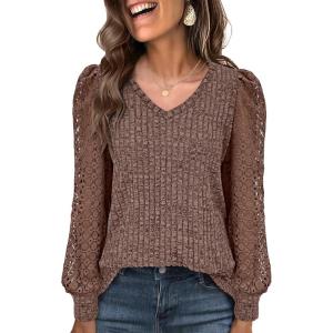 ANRABESS Shirts for Women Lace Long Sleeve V Neck Tunic Tops Casual Loose Fit Blouses Lightweight Sweaters 2025 Fall Clothes(Brown)