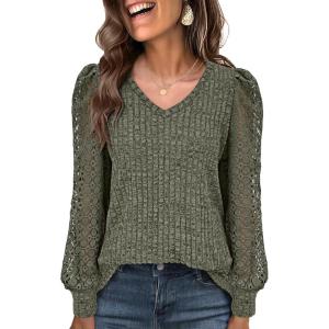 ANRABESS Shirts for Women Lace Long Sleeve V Neck Tunic Tops Casual Loose Fit Blouses Lightweight Sweaters 2025 Fall Clothes(Deep Green)