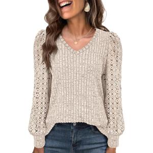 ANRABESS Shirts for Women Lace Long Sleeve V Neck Tunic Tops Casual Loose Fit Blouses Lightweight Sweaters 2025 Fall Clothes(Light Khaki)