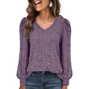 ANRABESS Shirts for Women Lace Long Sleeve V Neck Tunic Tops Casual Loose Fit Blouses Lightweight Sweaters 2025 Fall Clothes(Purple)