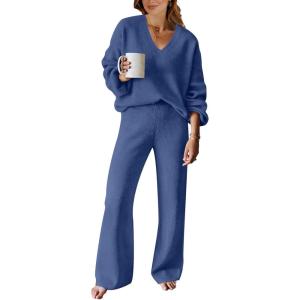 ANRABESS Women 2 Piece Outfits Sweater Lounge Sets Long Sleeve Cable Knit Pullover and Wide Leg Pants Tracksuit Matching Set(Deep Blue)
