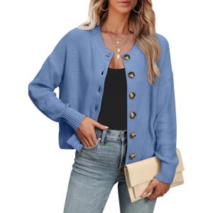 ANRABESS Women Knit Cardigans Sweater Open Front Button Down Long Sleeve Cropped Lady Jacket Outwear 2025 Fall Outfits(Denim Blue)