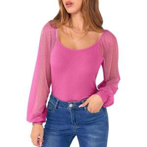 ANRABESS Women Mesh Long Sleeve Shirts Dressy Casual Blouses Square Neck Ribbed Slim Tops Going Out Date Night Fall Outfits(Hot Pink)