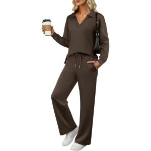 ANRABESS Women’s 2 Piece Outfits Lounge Sets Casual Long Sleeve Sweatsuits Polo Top Wide Leg Pants Fall Sweat Matching Sets(Coffee)