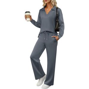 ANRABESS Women’s 2 Piece Outfits Lounge Sets Casual Long Sleeve Sweatsuits Polo Top Wide Leg Pants Fall Sweat Matching Sets(Leaden)