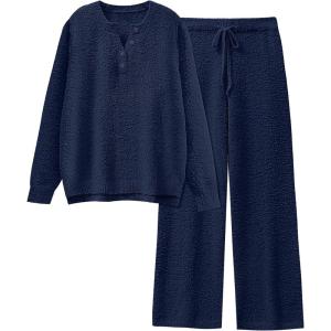 ANRABESS Womens Pajama Fuzzy Fleece 2 Piece Long Sleeve Top Wide Leg Pants Lounge Matching Pj Sets 2025 Fall Winter Outfits(Navy Blue)