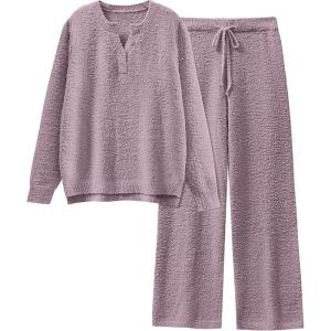 ANRABESS Womens Pajama Fuzzy Fleece 2 Piece Long Sleeve Top Wide Leg Pants Lounge Matching Pj Sets 2025 Fall Winter Outfits(Purple)