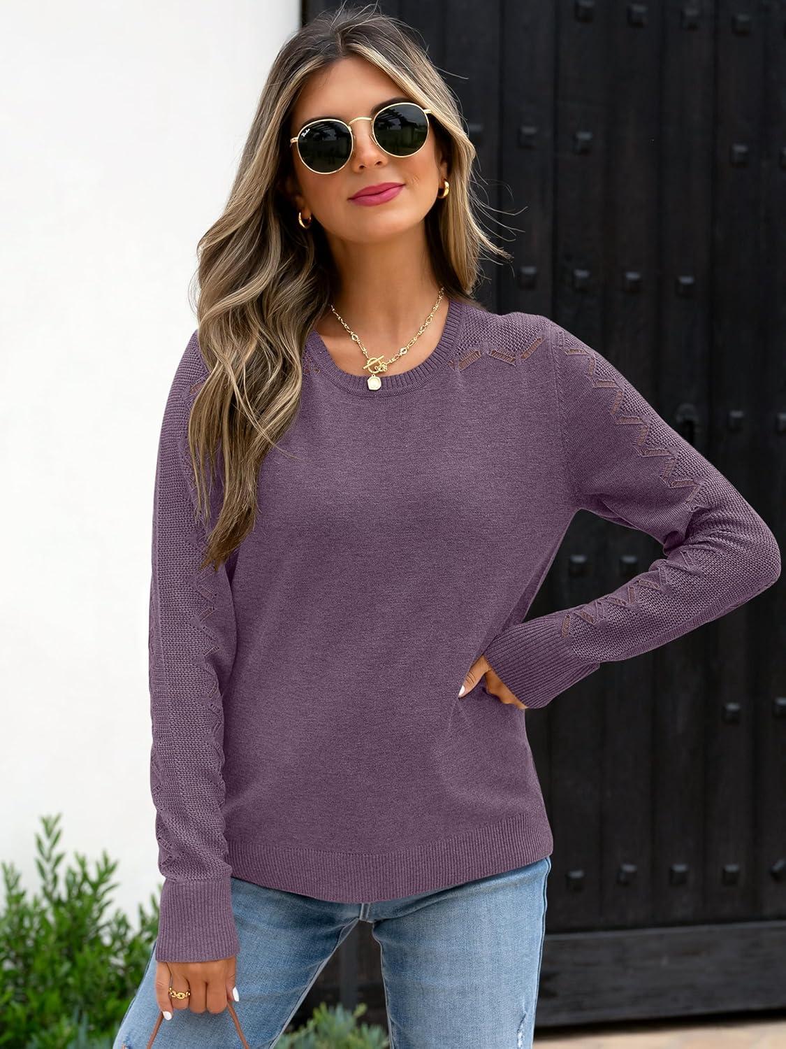 imageANRABESS Womens Long Sleeve Sweaters Wool Blend Crew Neck Hollow Out Business Casual Work Tops 2025 Fall OutfitsGrey Purple
