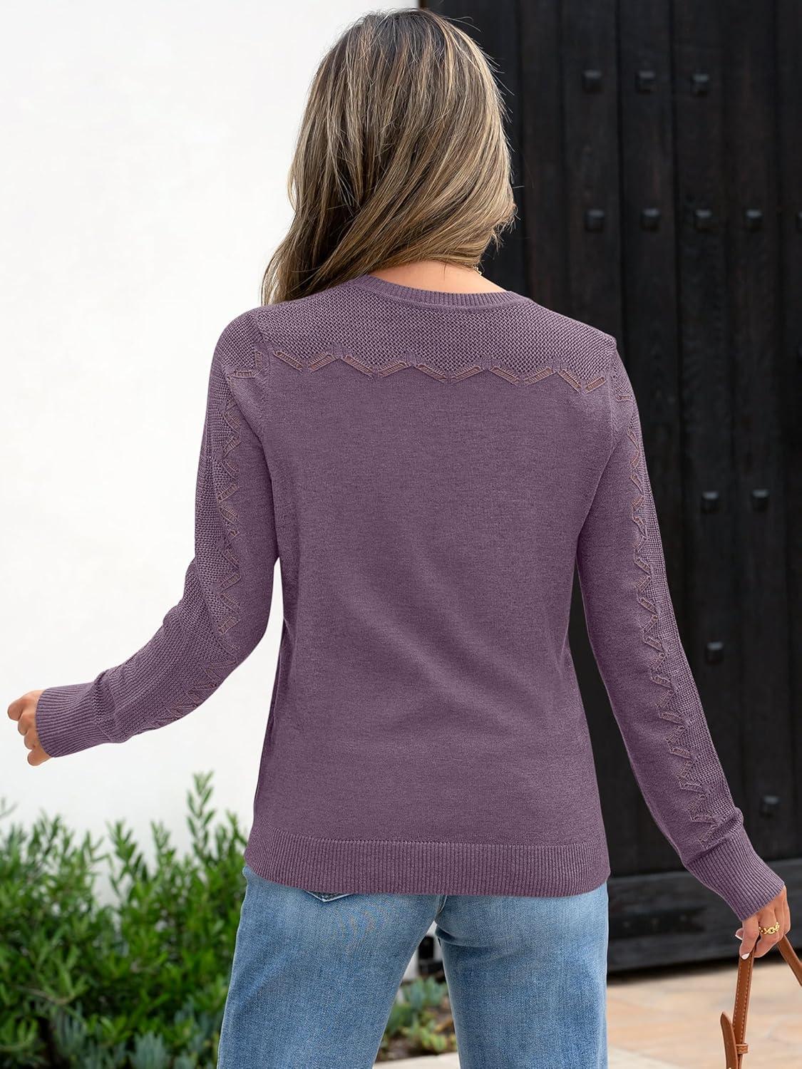 imageANRABESS Womens Long Sleeve Sweaters Wool Blend Crew Neck Hollow Out Business Casual Work Tops 2025 Fall OutfitsGrey Purple