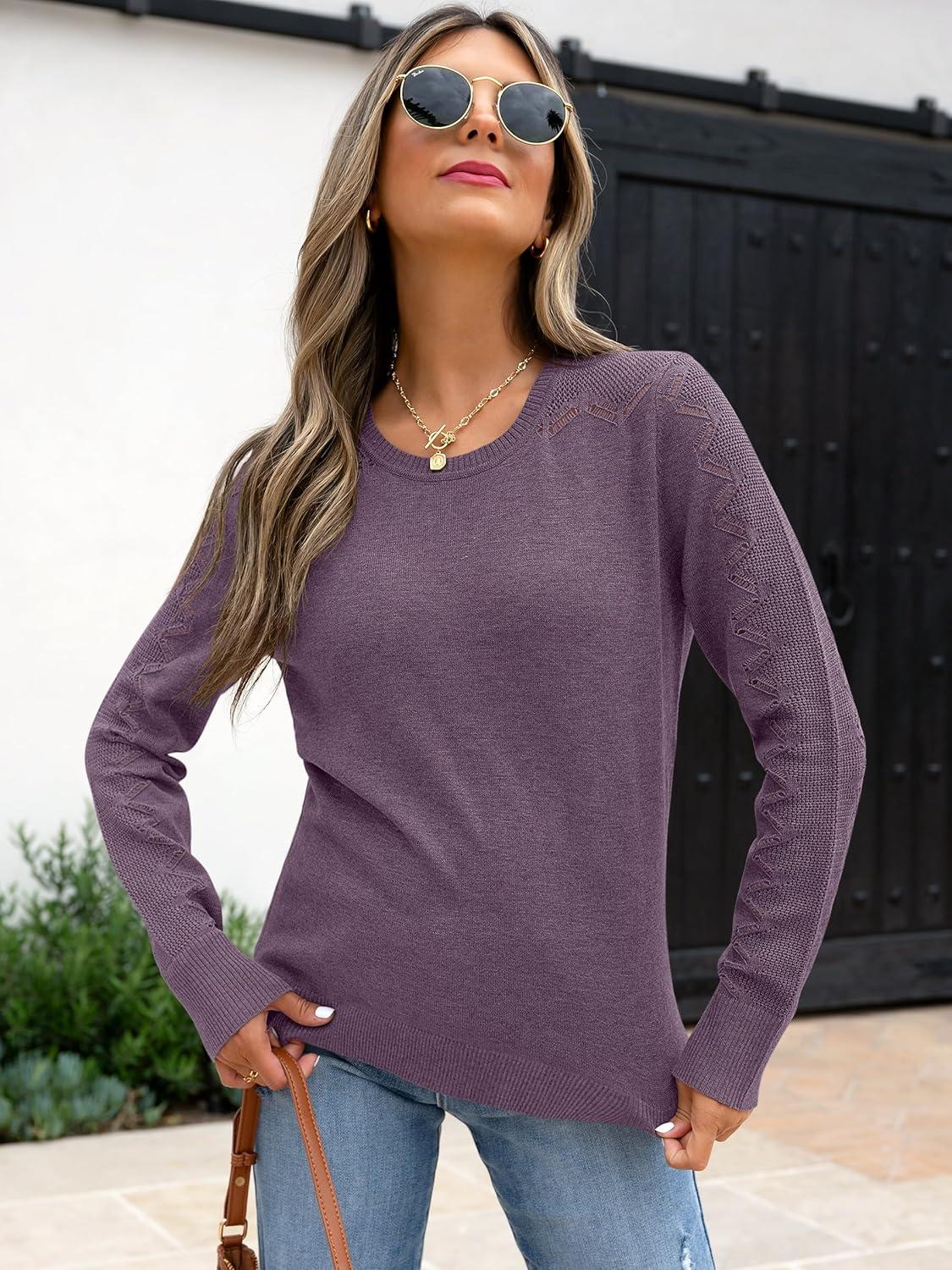 imageANRABESS Womens Long Sleeve Sweaters Wool Blend Crew Neck Hollow Out Business Casual Work Tops 2025 Fall OutfitsGrey Purple