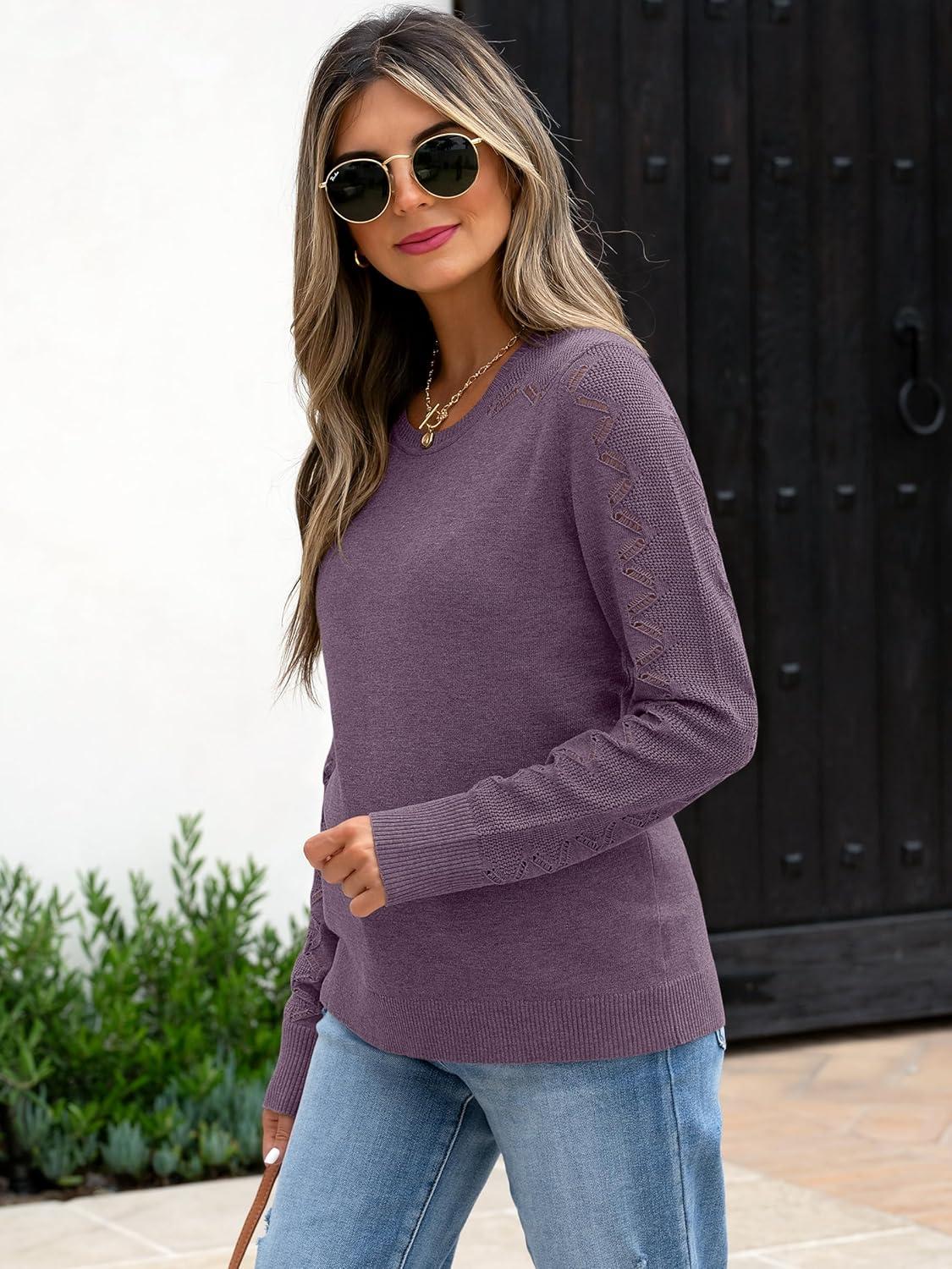 imageANRABESS Womens Long Sleeve Sweaters Wool Blend Crew Neck Hollow Out Business Casual Work Tops 2025 Fall OutfitsGrey Purple
