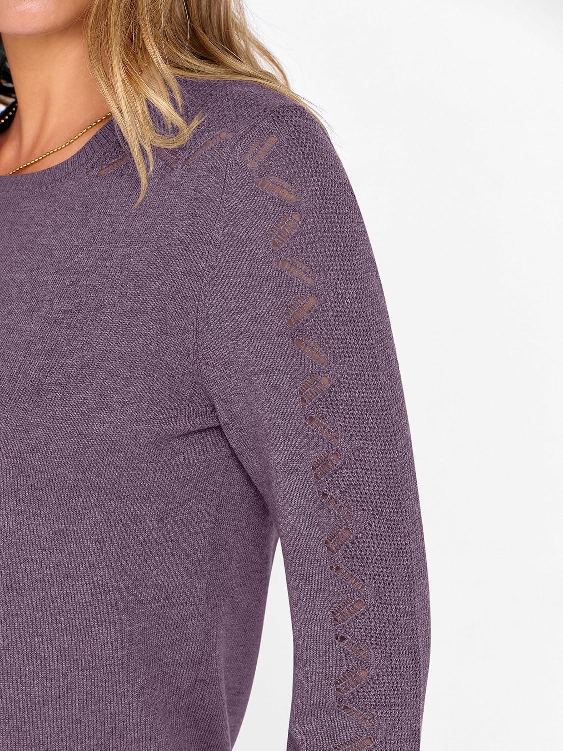 imageANRABESS Womens Long Sleeve Sweaters Wool Blend Crew Neck Hollow Out Business Casual Work Tops 2025 Fall OutfitsGrey Purple
