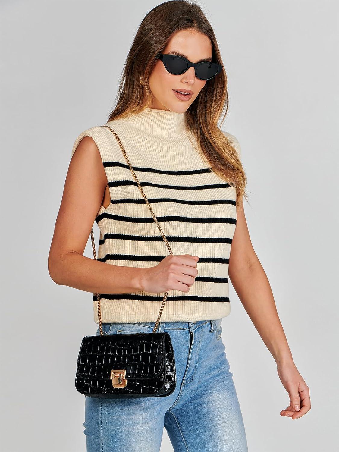 imageANRABESS Womens Mock Neck Sleeveless Sweater Vest Casual Cap Sleeve Knit Pullover Tank Tops 2025 Fall ClothesStripe Beige