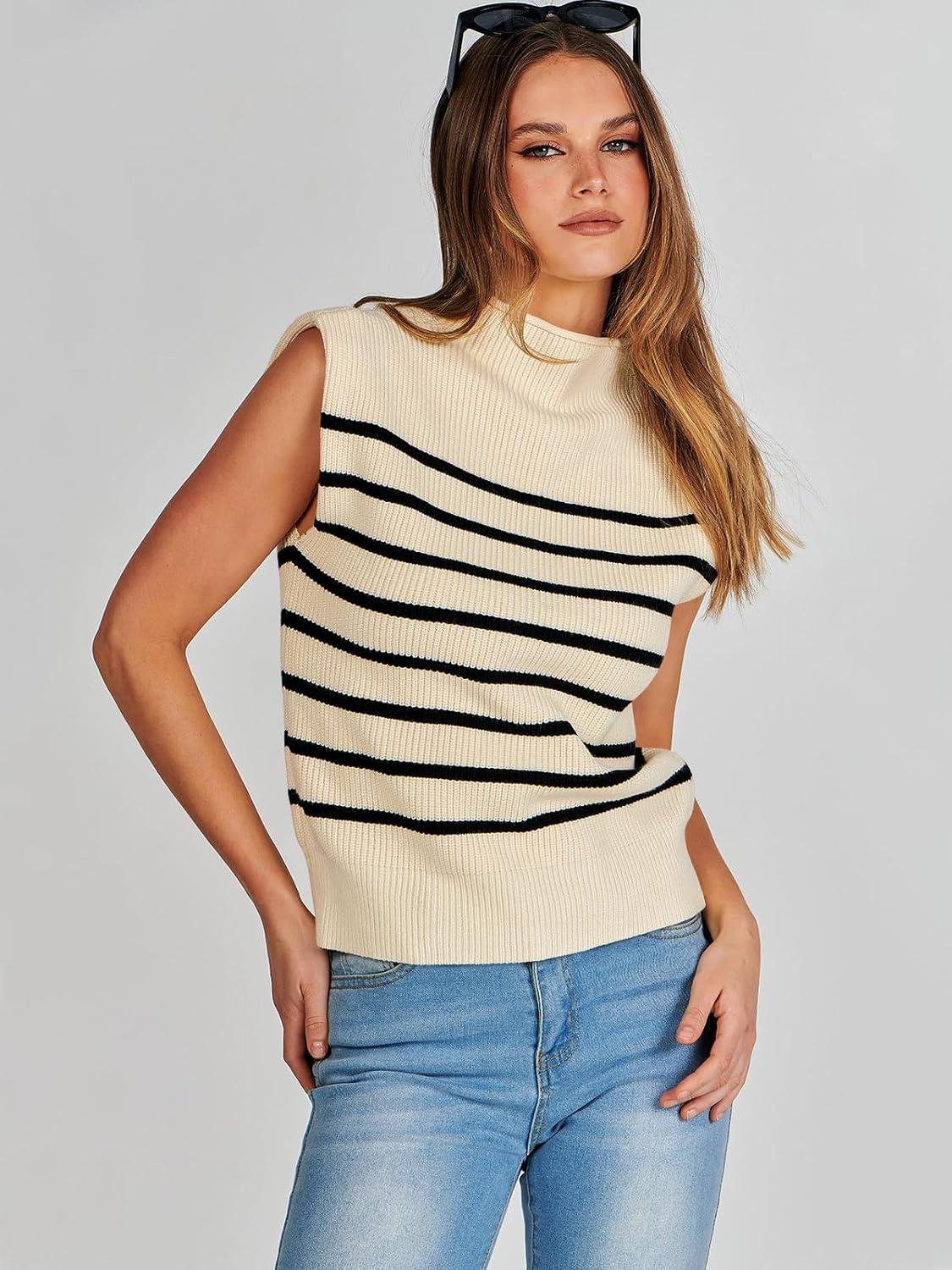 imageANRABESS Womens Mock Neck Sleeveless Sweater Vest Casual Cap Sleeve Knit Pullover Tank Tops 2025 Fall ClothesStripe Beige