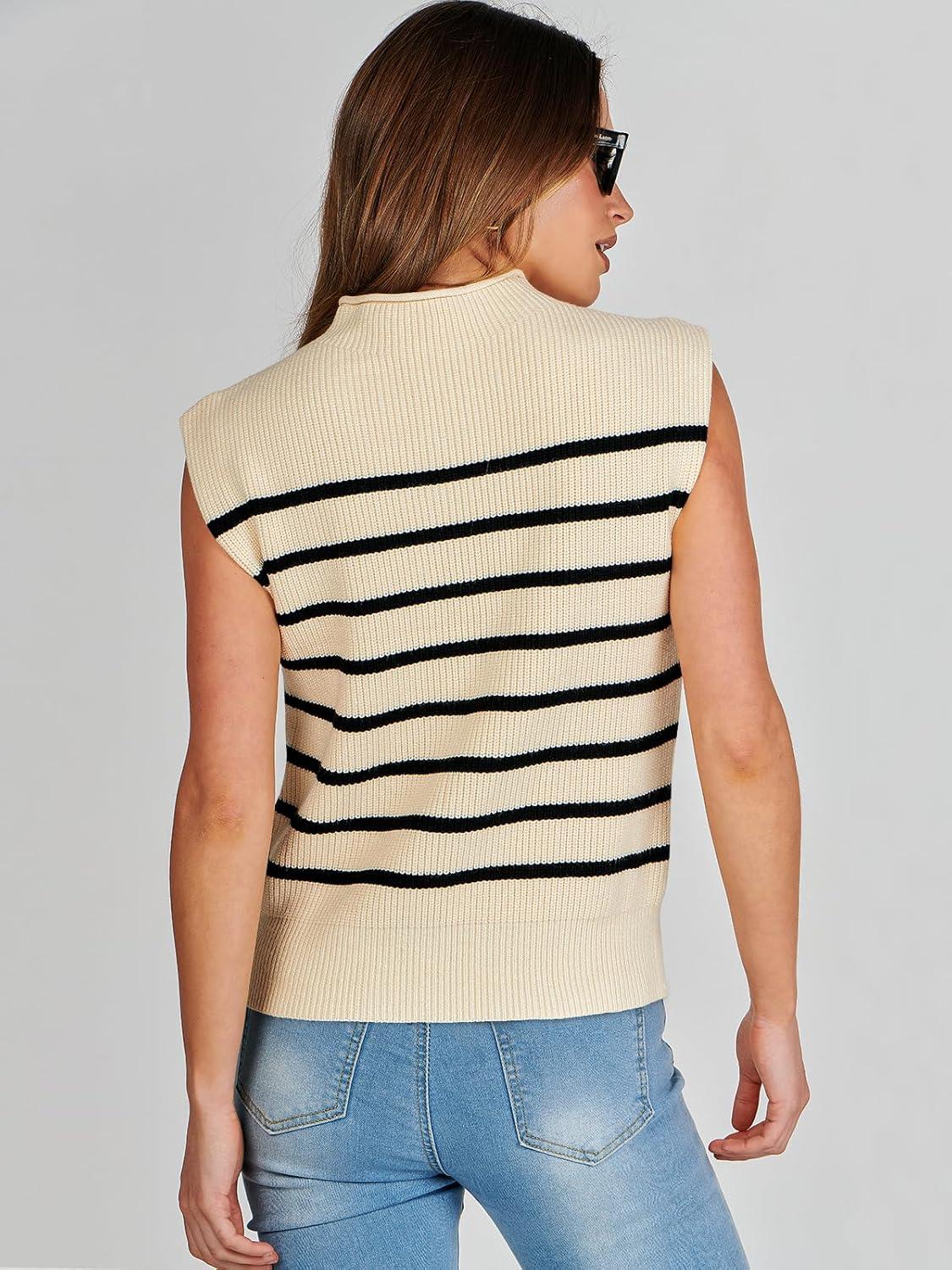 imageANRABESS Womens Mock Neck Sleeveless Sweater Vest Casual Cap Sleeve Knit Pullover Tank Tops 2025 Fall ClothesStripe Beige