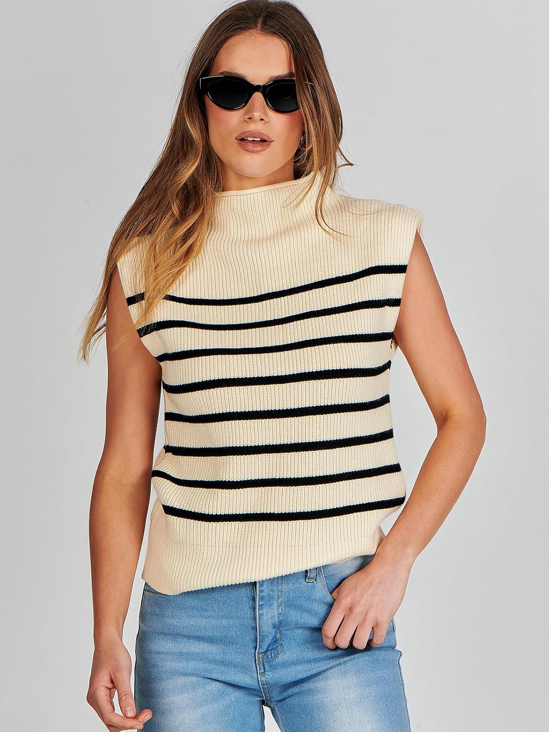 imageANRABESS Womens Mock Neck Sleeveless Sweater Vest Casual Cap Sleeve Knit Pullover Tank Tops 2025 Fall ClothesStripe Beige