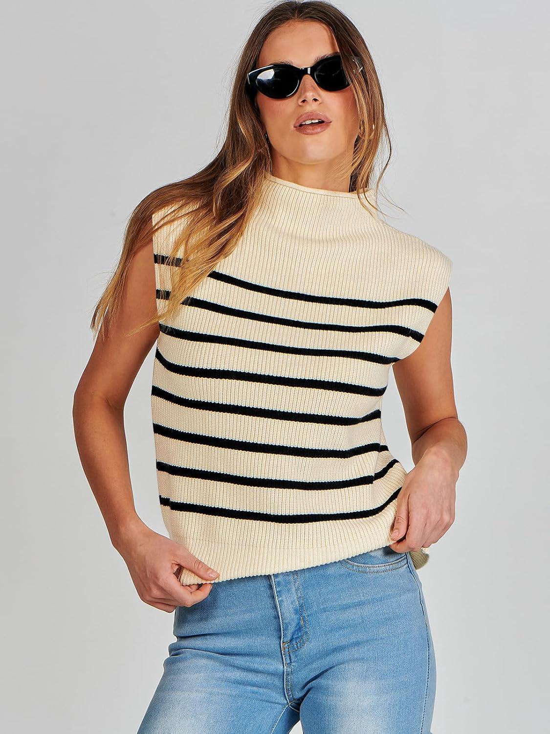 imageANRABESS Womens Mock Neck Sleeveless Sweater Vest Casual Cap Sleeve Knit Pullover Tank Tops 2025 Fall ClothesStripe Beige