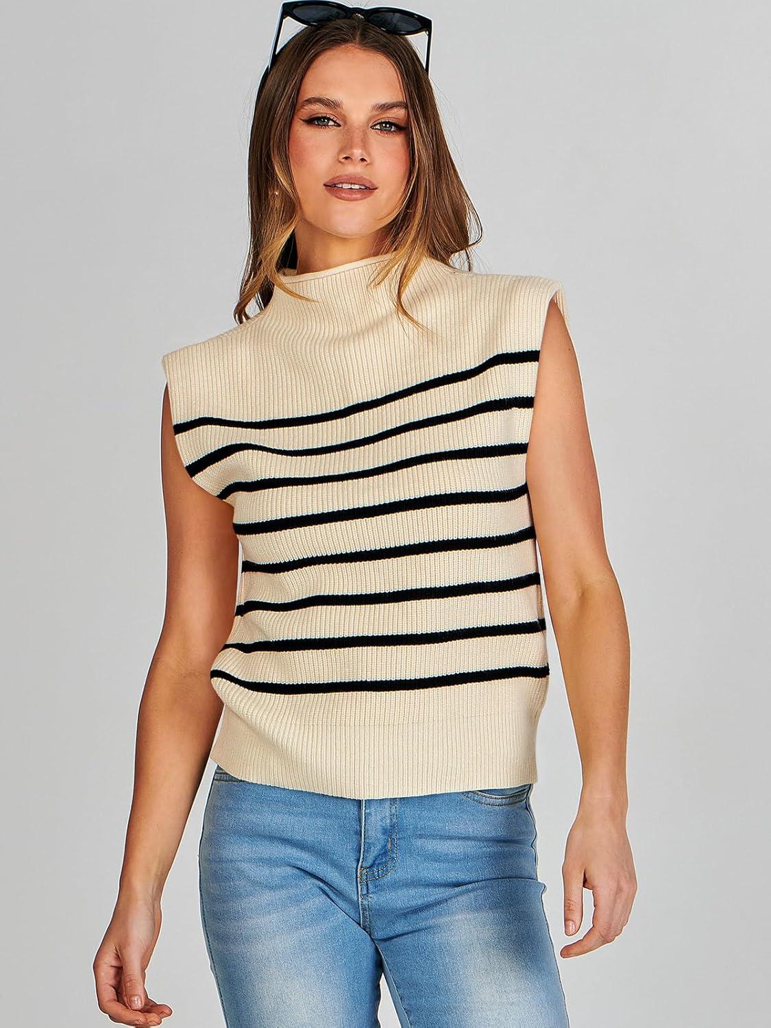 imageANRABESS Womens Mock Neck Sleeveless Sweater Vest Casual Cap Sleeve Knit Pullover Tank Tops 2025 Fall ClothesStripe Beige
