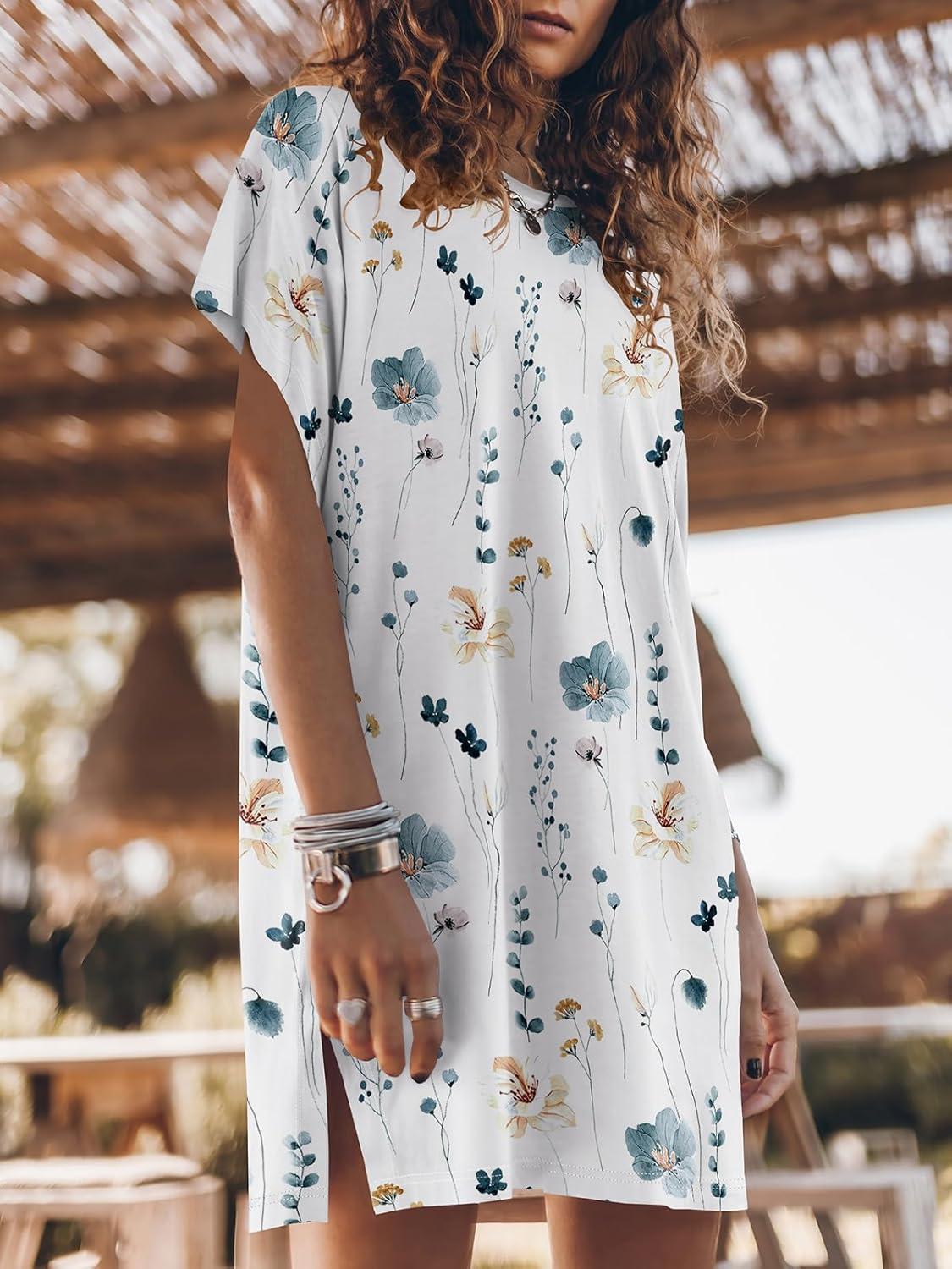 imageANRABESS Womens Summer T Shirt Dress 2025 Beach Vacation Travel Outfits Casual Simple Soft Mini Sundress Cover Up ClothesFloral White