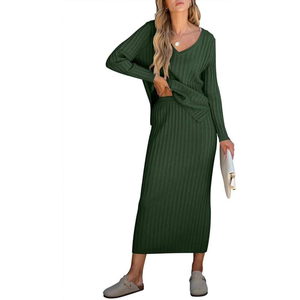 imageANRABESS Womens 2 Piece Outfits Sweater Skirt Sets Casual Long Sleeve V Neck Ribbed Knit Tops Midi Dress 2025 Fall FashionDark Green