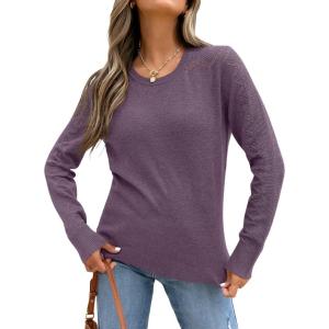 ANRABESS Womens Long Sleeve Sweaters Wool Blend Crew Neck Hollow Out Business Casual Work Tops 2025 Fall Outfits(Grey Purple)