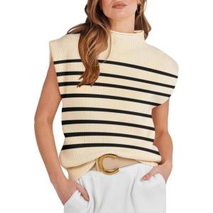 ANRABESS Women’s Mock Neck Sleeveless Sweater Vest Casual Cap Sleeve Knit Pullover Tank Tops 2025 Fall Clothes(Stripe Beige)