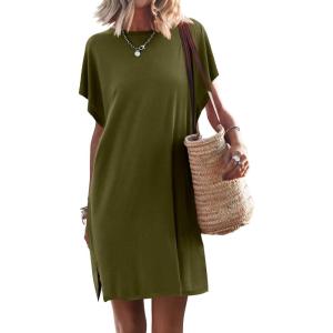 ANRABESS Women’s Summer T Shirt Dress 2025 Beach Vacation Travel Outfits Casual Simple Soft Mini Sundress Cover Up Clothes(Army Green)