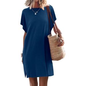 ANRABESS Women’s Summer T Shirt Dress 2025 Beach Vacation Travel Outfits Casual Simple Soft Mini Sundress Cover Up Clothes(Blue)