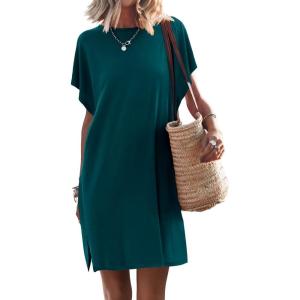 ANRABESS Women’s Summer T Shirt Dress 2025 Beach Vacation Travel Outfits Casual Simple Soft Mini Sundress Cover Up Clothes(Deep Green)