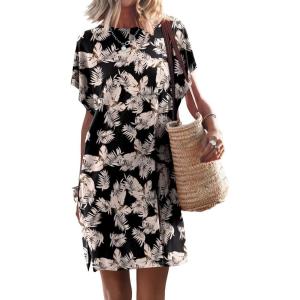 ANRABESS Women’s Summer T Shirt Dress 2025 Beach Vacation Travel Outfits Casual Simple Soft Mini Sundress Cover Up Clothes(Floral Black White)