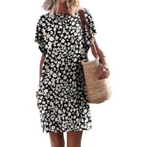 ANRABESS Women’s Summer T Shirt Dress 2025 Beach Vacation Travel Outfits Casual Simple Soft Mini Sundress Cover Up Clothes(Floral Black Yellow)