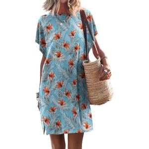 ANRABESS Women’s Summer T Shirt Dress 2025 Beach Vacation Travel Outfits Casual Simple Soft Mini Sundress Cover Up Clothes(Floral Blue)