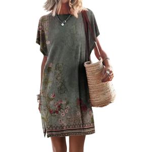 ANRABESS Women’s Summer T Shirt Dress 2025 Beach Vacation Travel Outfits Casual Simple Soft Mini Sundress Cover Up Clothes(Floral Grey)