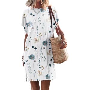 ANRABESS Women’s Summer T Shirt Dress 2025 Beach Vacation Travel Outfits Casual Simple Soft Mini Sundress Cover Up Clothes(Floral White)