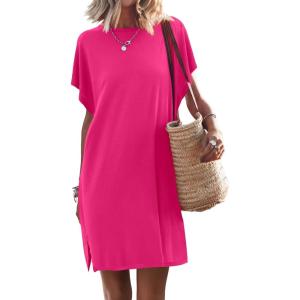 ANRABESS Women’s Summer T Shirt Dress 2025 Beach Vacation Travel Outfits Casual Simple Soft Mini Sundress Cover Up Clothes(Hot Pink)