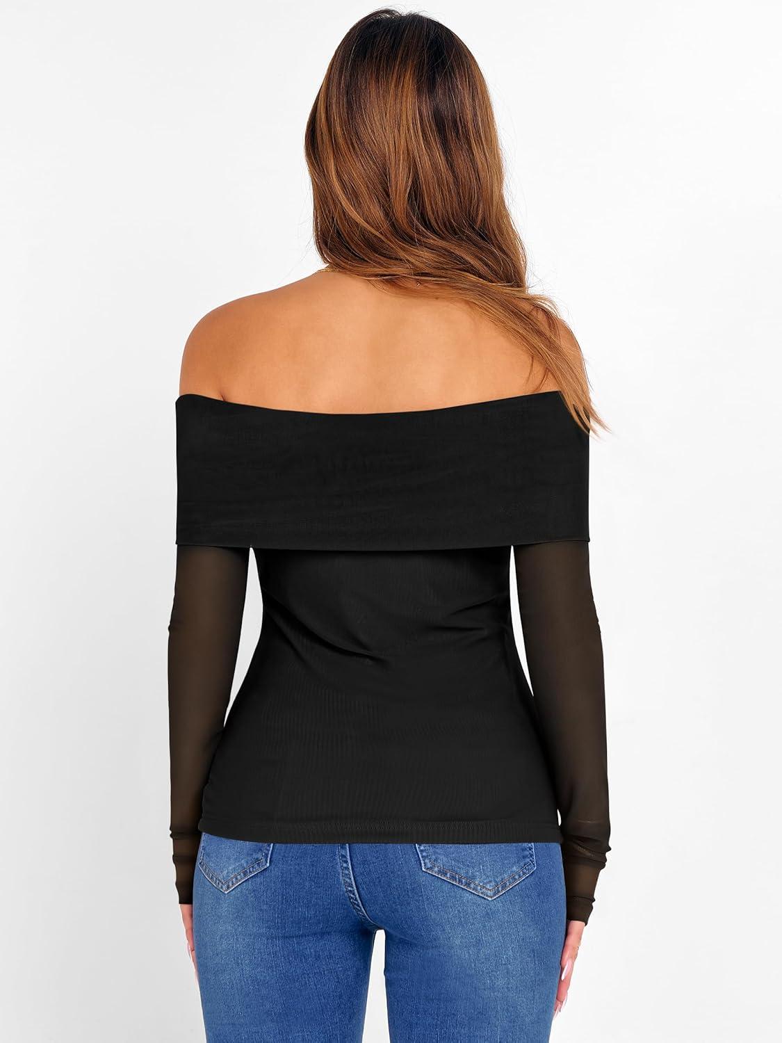 imageANRABESS Off Shoulder Tops for Women Mesh Long Sleeve Floral Lace Slim Fit Blouses Shirts 2025 Y2K Going Out Fall ClothesBlack