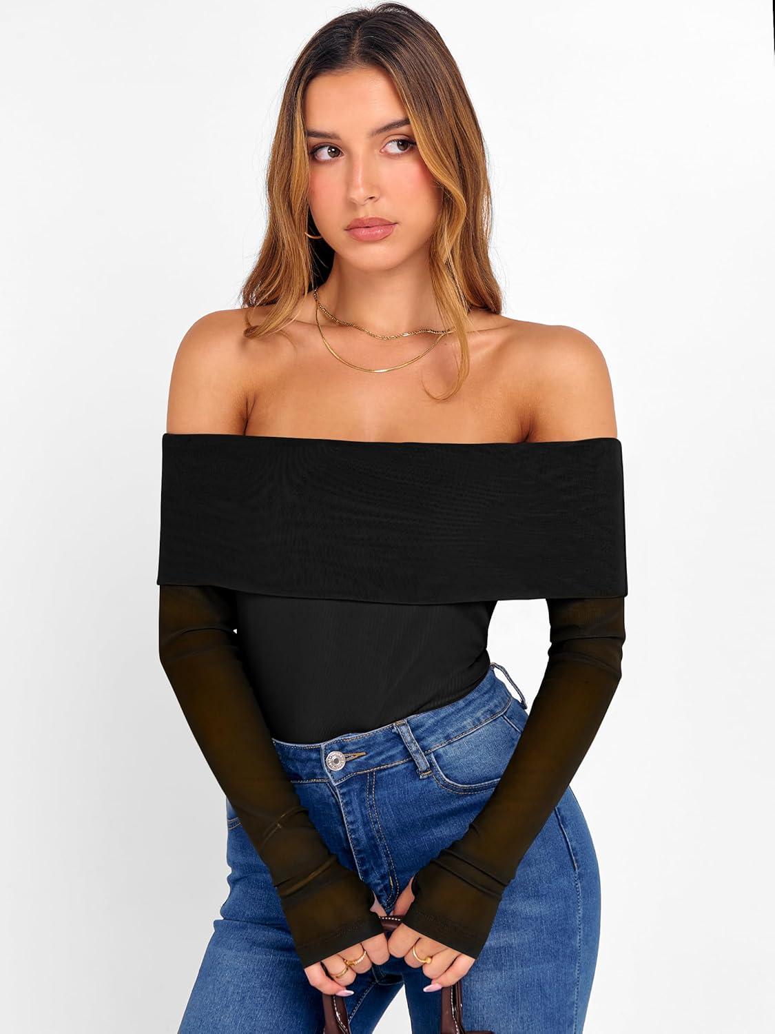 imageANRABESS Off Shoulder Tops for Women Mesh Long Sleeve Floral Lace Slim Fit Blouses Shirts 2025 Y2K Going Out Fall ClothesBlack