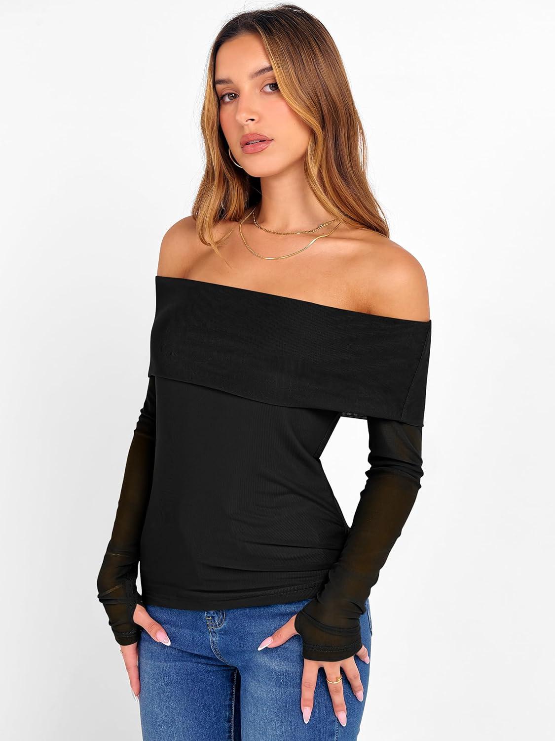 imageANRABESS Off Shoulder Tops for Women Mesh Long Sleeve Floral Lace Slim Fit Blouses Shirts 2025 Y2K Going Out Fall ClothesBlack