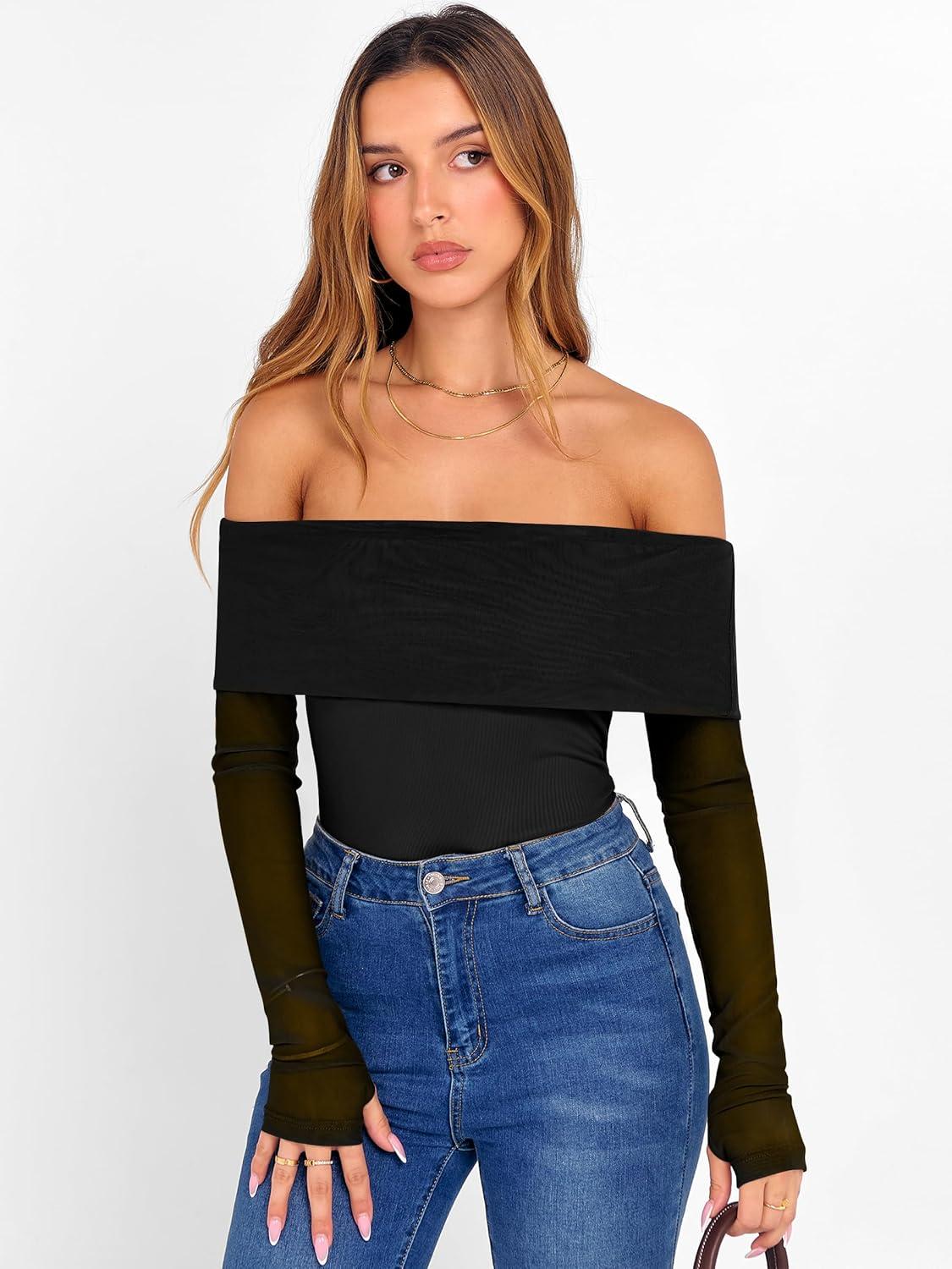 imageANRABESS Off Shoulder Tops for Women Mesh Long Sleeve Floral Lace Slim Fit Blouses Shirts 2025 Y2K Going Out Fall ClothesBlack