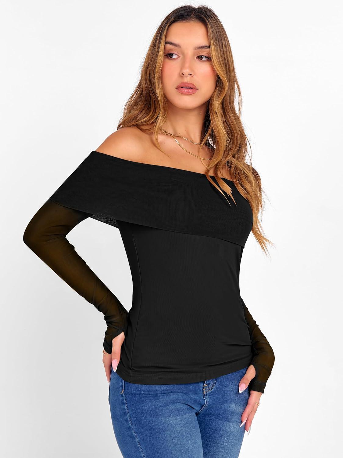 imageANRABESS Off Shoulder Tops for Women Mesh Long Sleeve Floral Lace Slim Fit Blouses Shirts 2025 Y2K Going Out Fall ClothesBlack