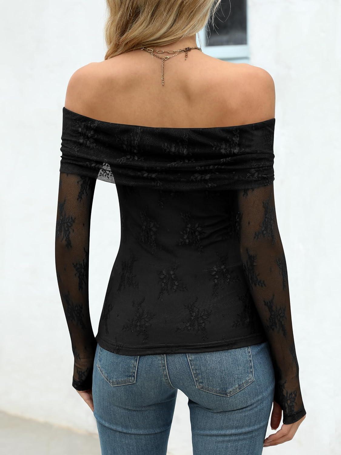 imageANRABESS Off Shoulder Tops for Women Mesh Long Sleeve Floral Lace Slim Fit Blouses Shirts 2025 Y2K Going Out Fall ClothesBlack Leaf