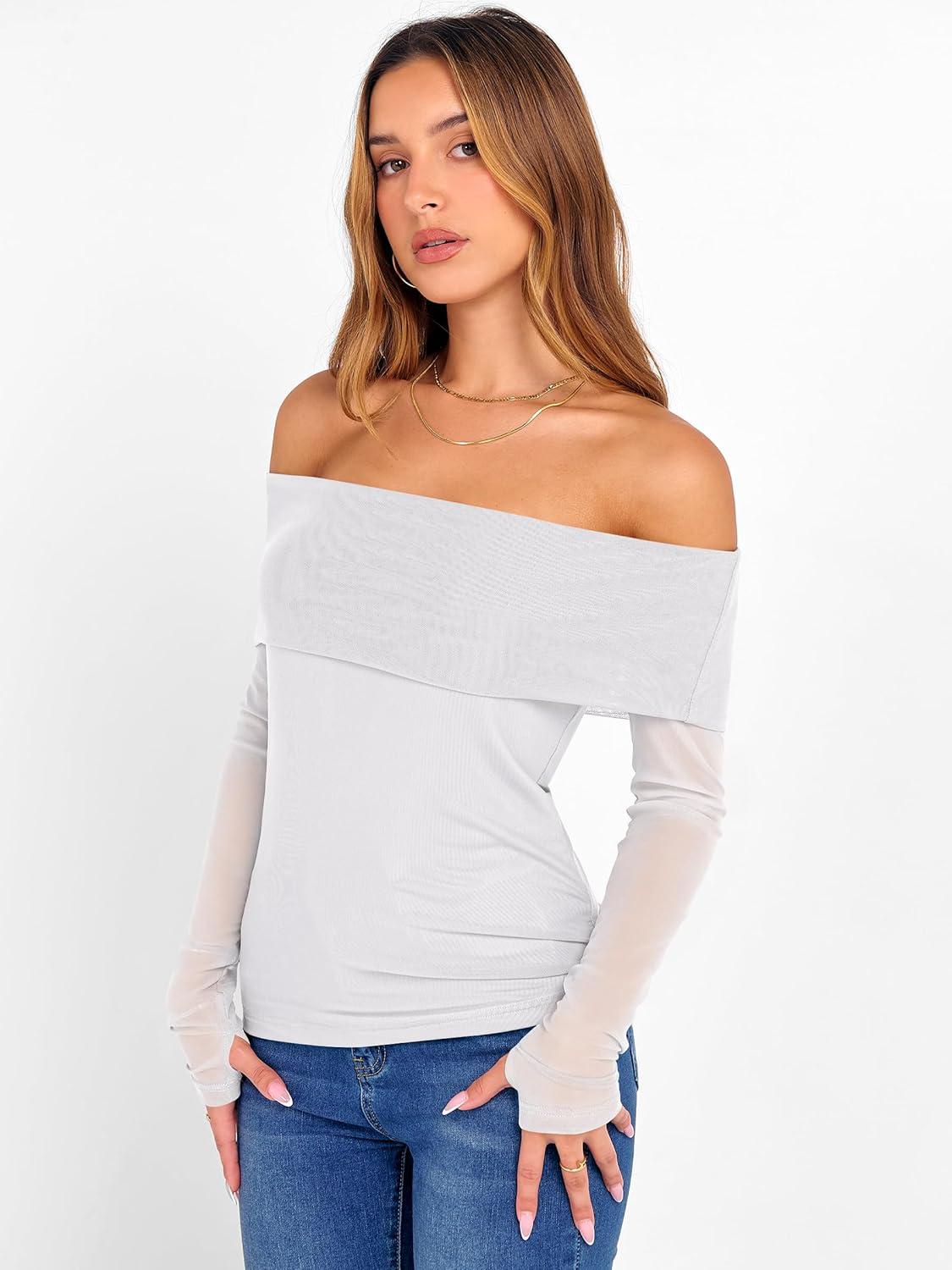 imageANRABESS Off Shoulder Tops for Women Mesh Long Sleeve Floral Lace Slim Fit Blouses Shirts 2025 Y2K Going Out Fall ClothesWhite