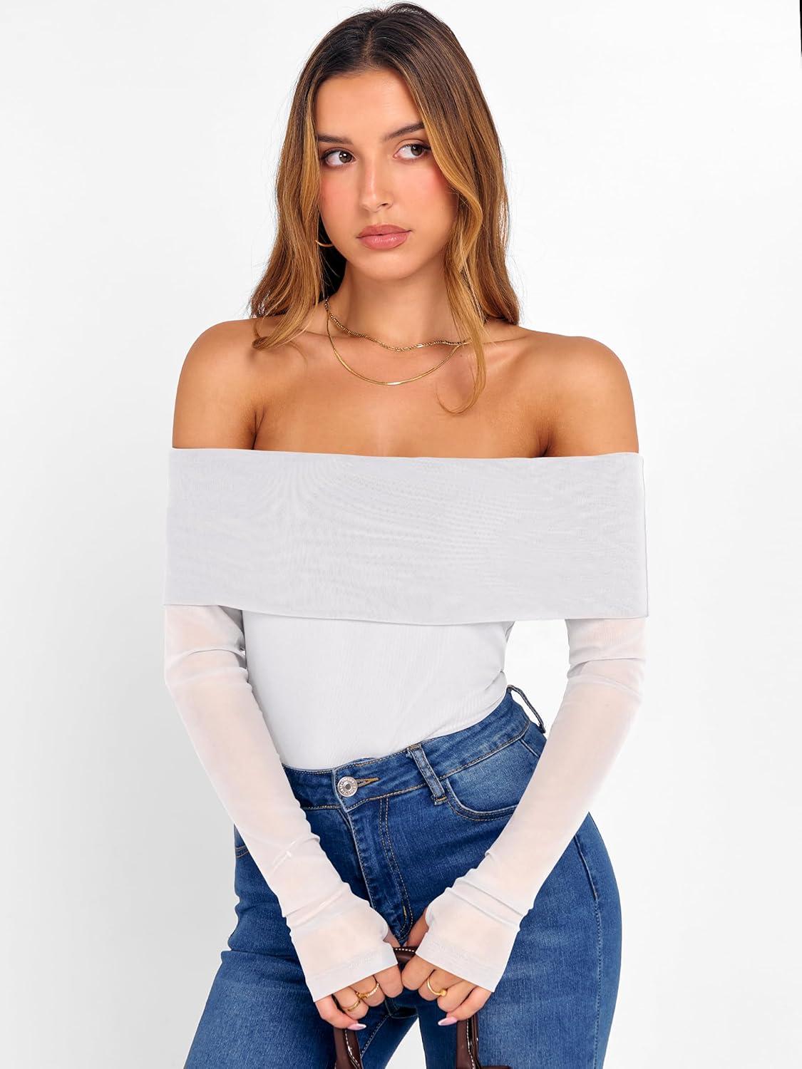 imageANRABESS Off Shoulder Tops for Women Mesh Long Sleeve Floral Lace Slim Fit Blouses Shirts 2025 Y2K Going Out Fall ClothesWhite