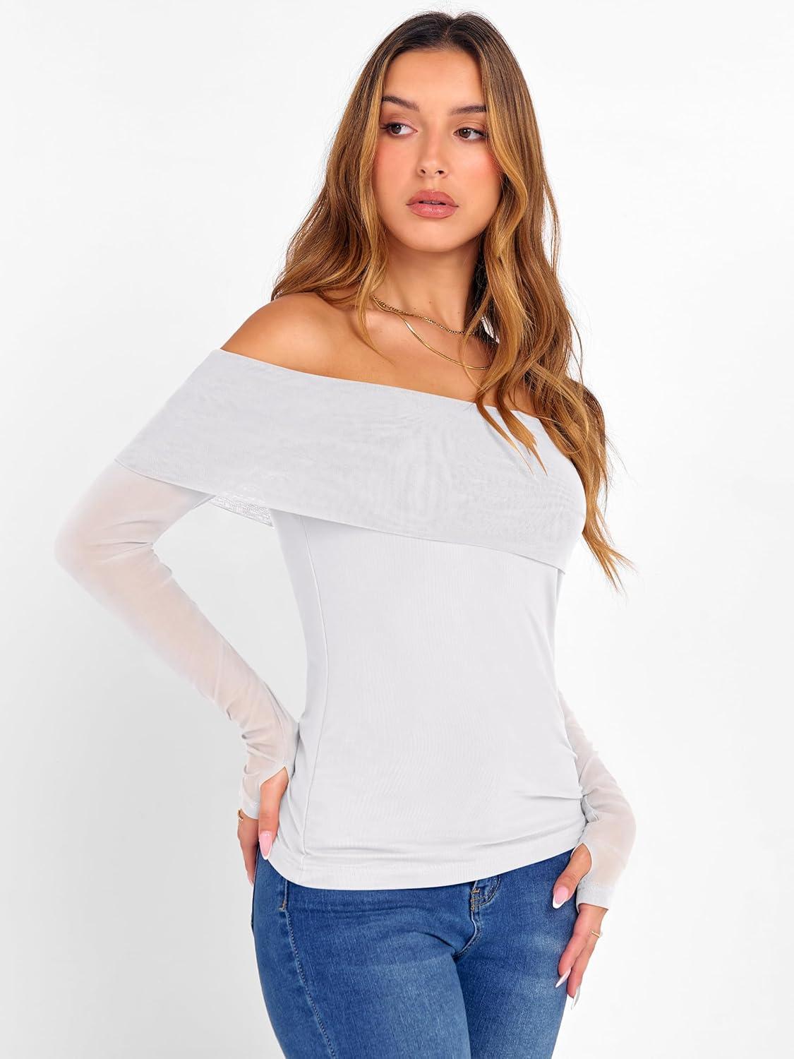 imageANRABESS Off Shoulder Tops for Women Mesh Long Sleeve Floral Lace Slim Fit Blouses Shirts 2025 Y2K Going Out Fall ClothesWhite