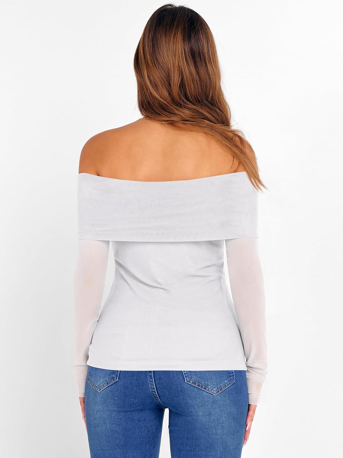 imageANRABESS Off Shoulder Tops for Women Mesh Long Sleeve Floral Lace Slim Fit Blouses Shirts 2025 Y2K Going Out Fall ClothesWhite