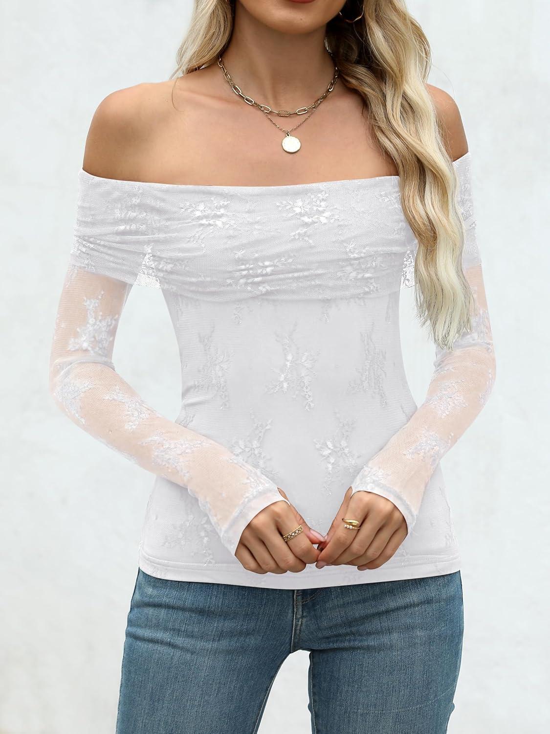 imageANRABESS Off Shoulder Tops for Women Mesh Long Sleeve Floral Lace Slim Fit Blouses Shirts 2025 Y2K Going Out Fall ClothesWhite Leaf