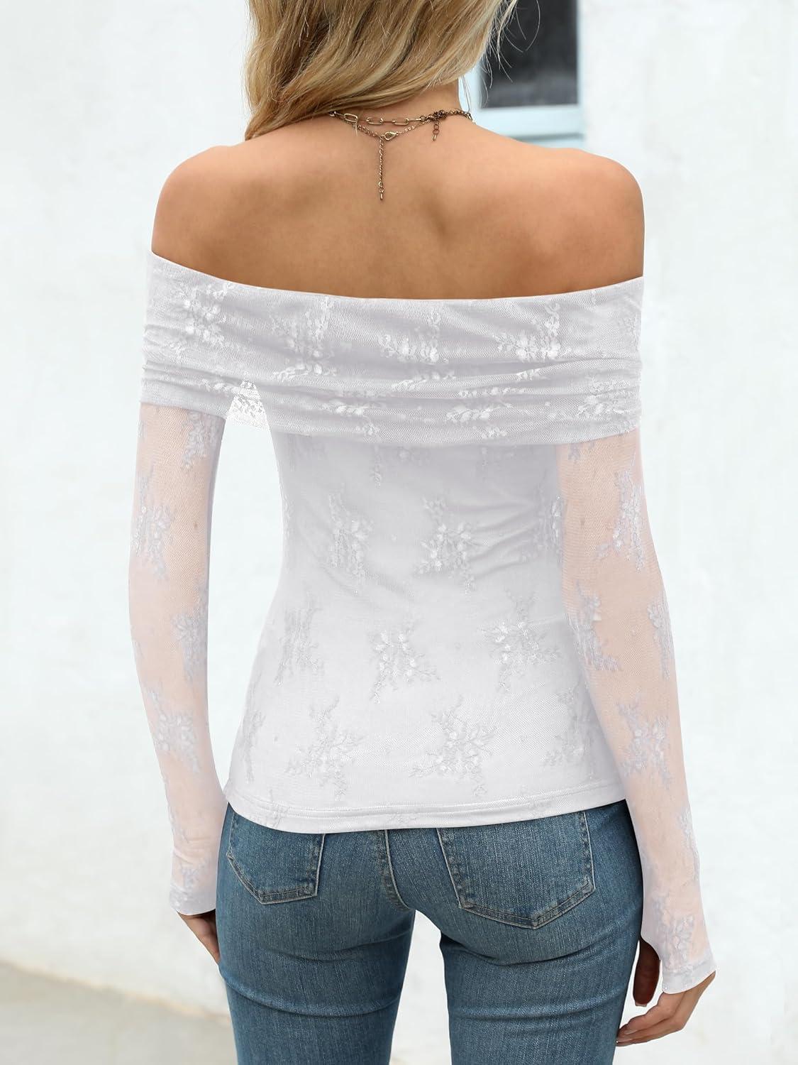 imageANRABESS Off Shoulder Tops for Women Mesh Long Sleeve Floral Lace Slim Fit Blouses Shirts 2025 Y2K Going Out Fall ClothesWhite Leaf