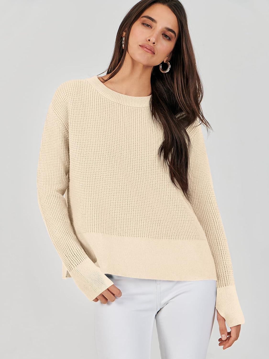 imageANRABESS Womens 2025 Fall Waffle Sweaters Long Sleeve Thumbhole Casual Knitted Side Zipper Pullover Sweaters TopBeige
